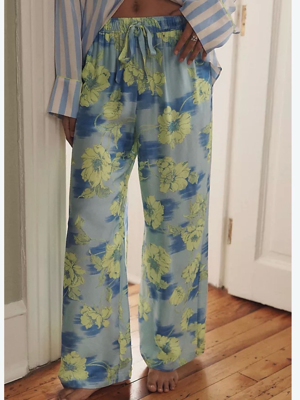 Lyrebird Anthropologie Neela Silky Blue Wide Leg Lounge Pants Quiet Luxury